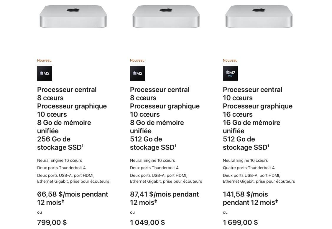 Le catalogue des Mac mini M2 et M2 Pro