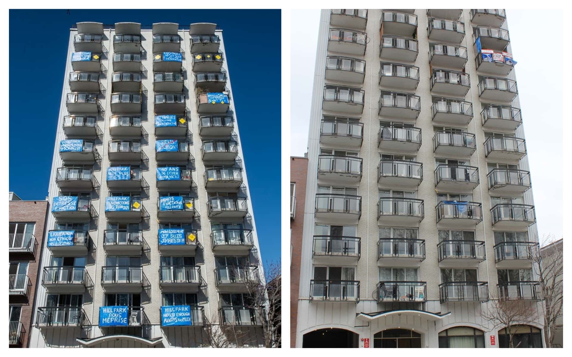 La devanture du Manoir Lafontaine a bien changé entre le début de la lutte en avril 2021, à gauche, et avril 2022, à droite.