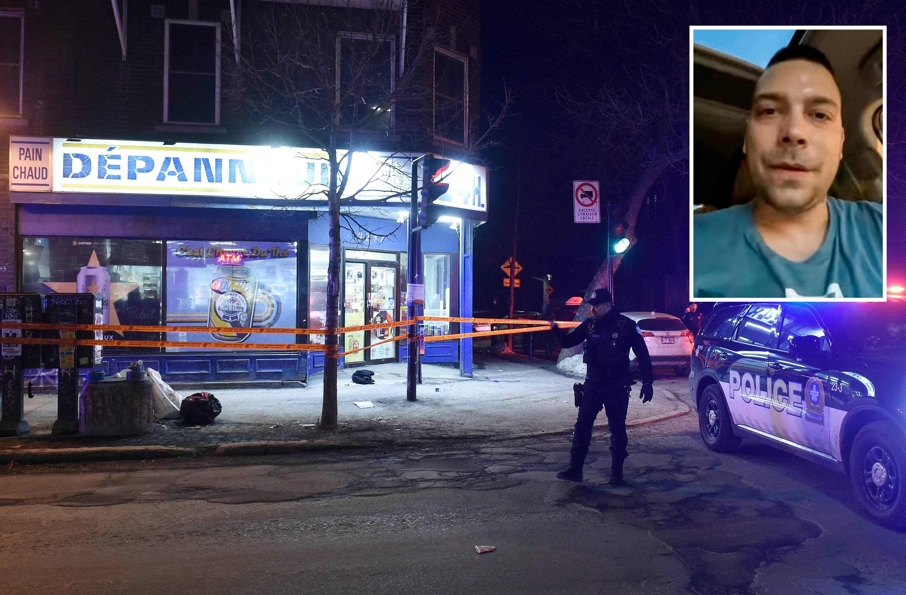 Frédérick Chartier-Lévesque (en mortaise), 34 ans, a été poignardé à mort dans le quartier Hochelaga-Maisonneuve, à Montréal, le vendredi 14 mars 2025. Les policiers avaient protégé la scène de crime pour amasser un maximum d’éléments de preuve.