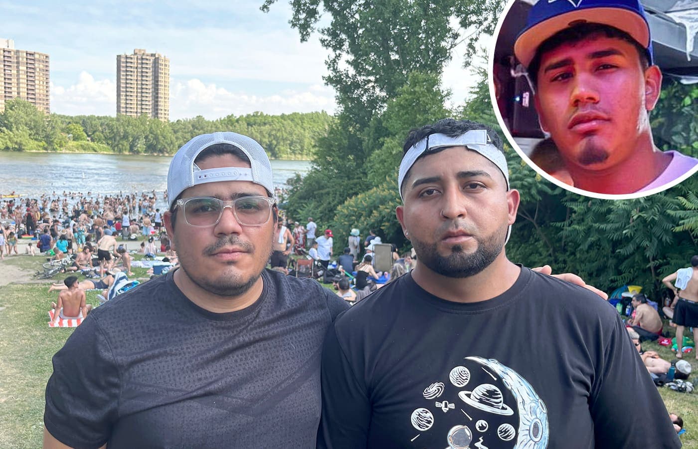 Chrystian Bastillas et Brayhan Zerpa, frères de la victime. En mortaise: Zico Kenderson Colina Escobar, mort noyé à la plage de Verdun le 7 juin dernier.