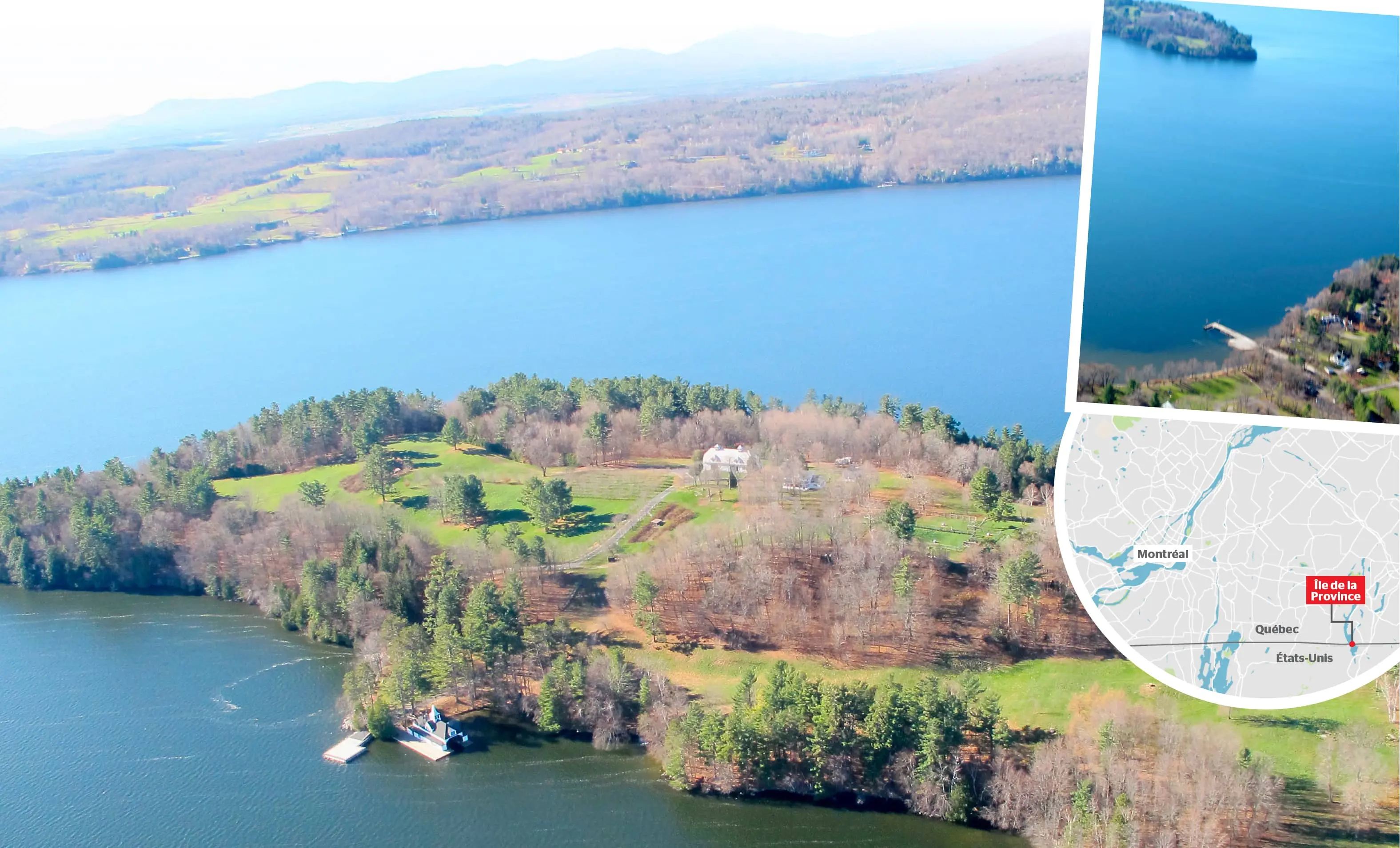 L’île de la Province est située sur la frontière canado-américaine, au milieu du lac Memphrémagog. On y accède en bateau à partir d’un quai privé (mortaise).