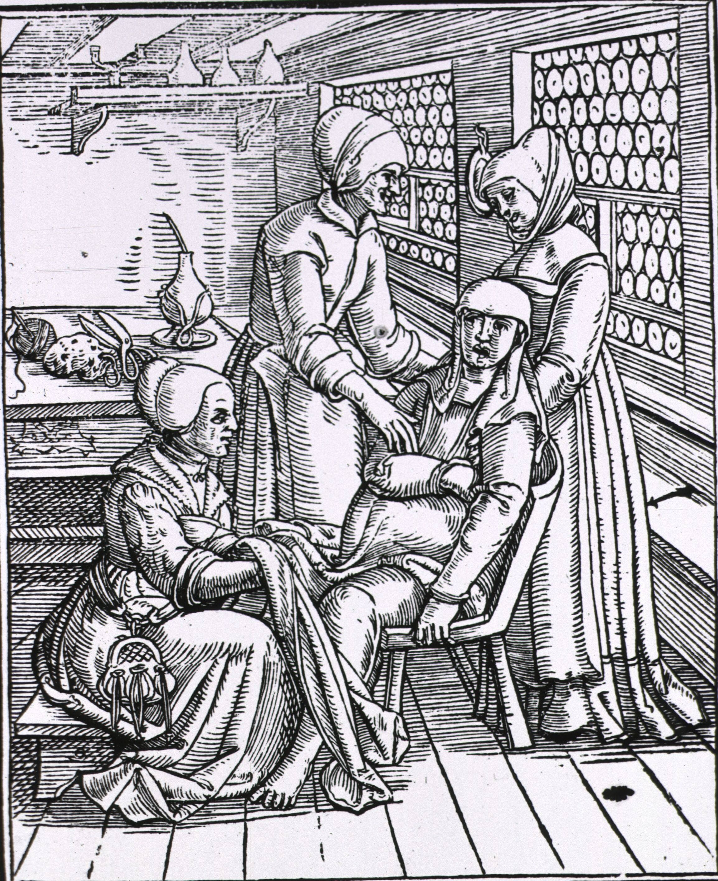 Trois sages-femmes au chevet d’une femme accouchant, entre 1500 et 1558.