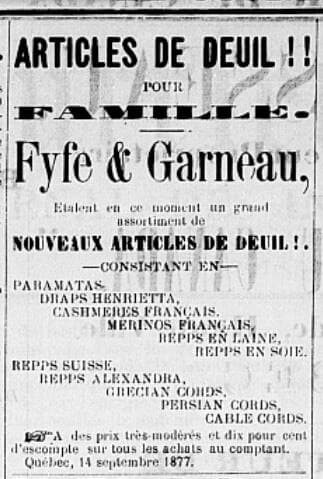 À la page suivante du même journal, on trouve aussi une publicité de J. Hamel & Frères, du 58 rue Sous-le-fort à Québec, annonçant une grande variété d’étoffes de deuil, ainsi qu’une publicité de L. Brousseau, imprimeur, proposant ses services pour «impressions de toutes espèces», dont des cartes et lettres funéraires.