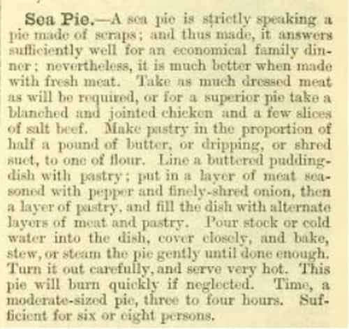 Photo tirée de Sea Pie – Cassell’s Dictionary of Cookery, London, Paris & New York, 1892, Cassell, Petter & Galpin, p. 846.