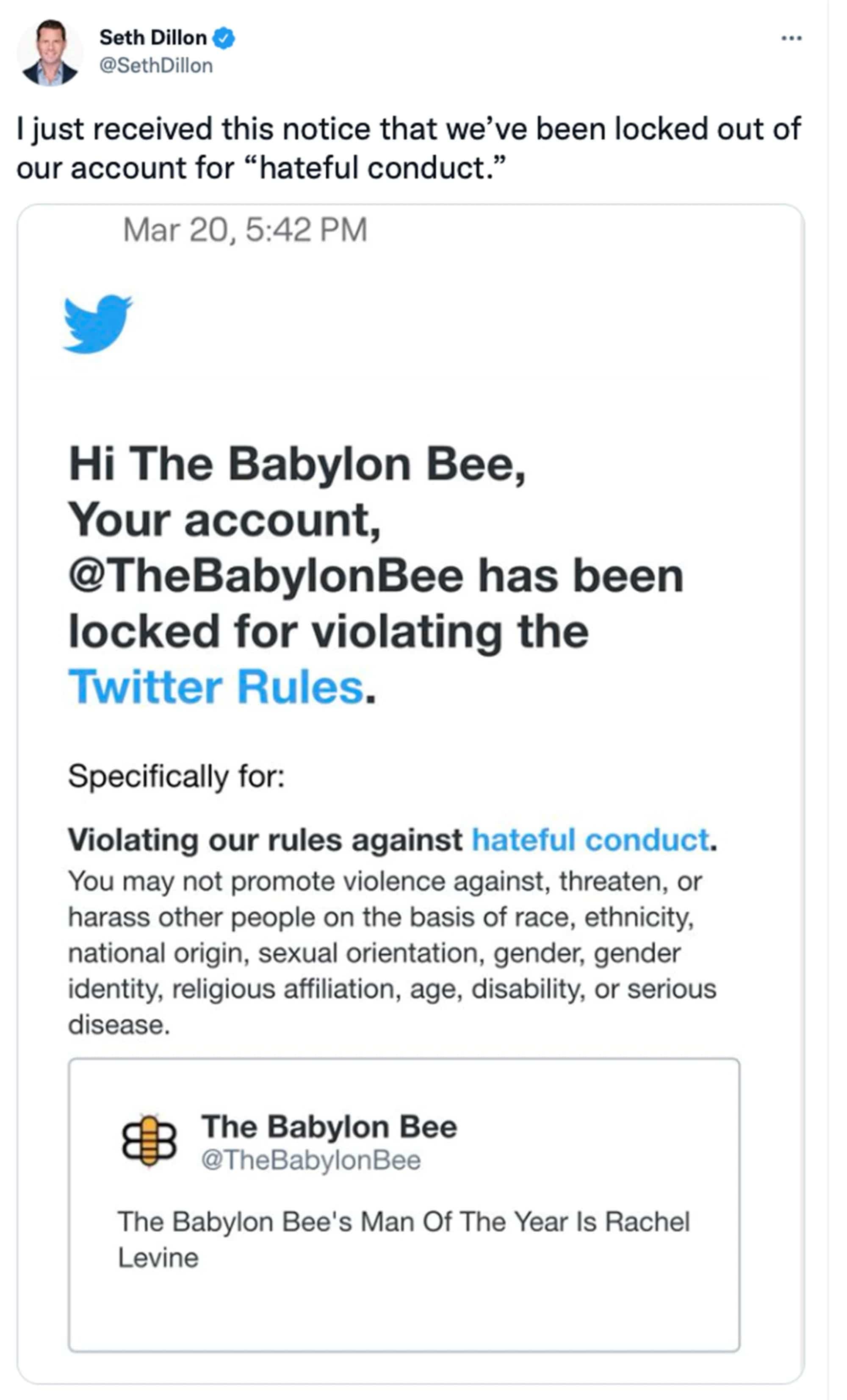 La publication polémique du site The Babylon Bee ayant conduit à son bannissement de Twitter.